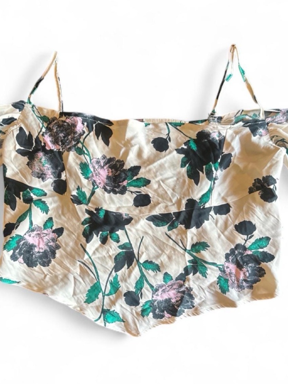 Free People Off Shoulder Blouse in Cream with Pink/Black & Green Flowers